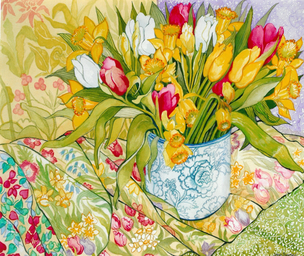 Tulips and Daffodils with Patterned Textiles de Joan  Thewsey