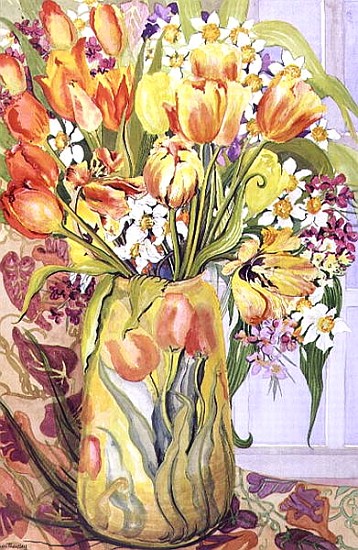 Tulips and Narcissi in an Art Nouveau Vase (w/c on paper)  de Joan  Thewsey