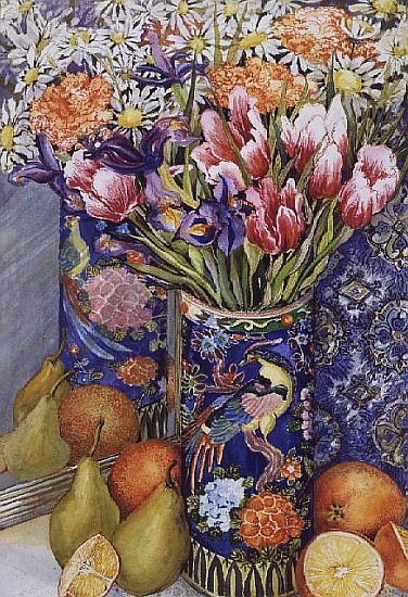 Tulips in a Japanese Vase with Fruit (w/c)  de Joan  Thewsey