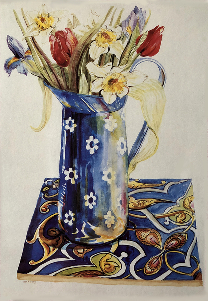 Tulips, Iris and Narcissus in a Blue Enamel Jug with an Italian Tile de Joan  Thewsey