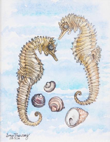 Two Seahorses, with Shells