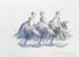 Three Kings Dancing a Jig (pen & ink and w/c on paper) 