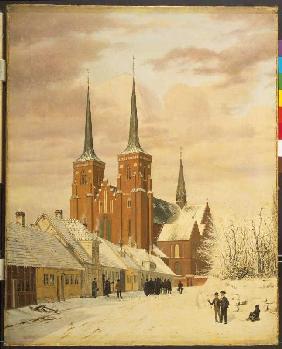 Winter scene in Roskilde with the cathedral.
