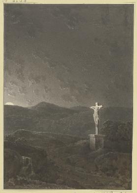 Das Kruzifix am Gebirge bei aufgehendem Mond