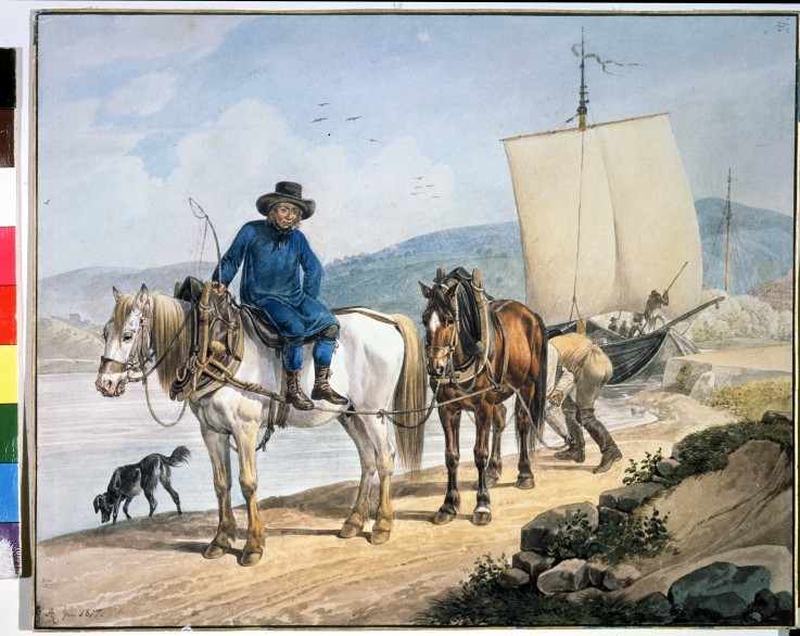 A Horse And Cart at the River de Johann Adam Klein