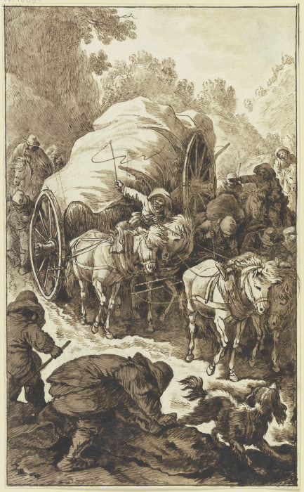 Ein hochbepackter, von vier Pferden gezogener Wagen kommt einen Gebirgsweg herab de Johann Albrecht Dietzsch