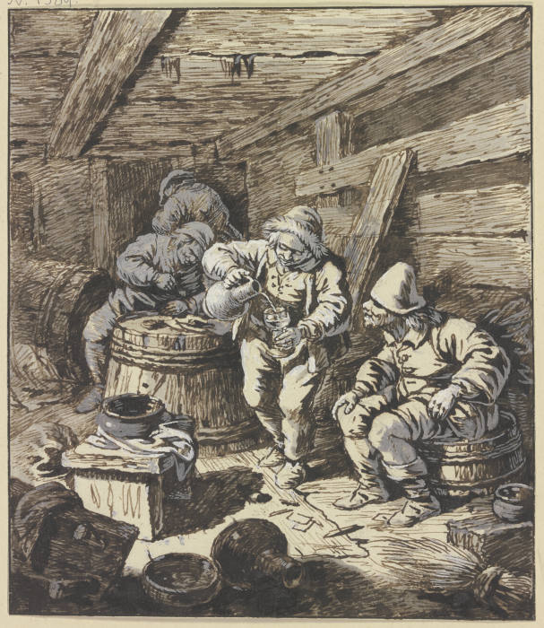 In einem niedrigen, holzverkleideten Raum mit Fässern sitzt rechts ein Bauer, nach seinem Kumpan sch de Johann Albrecht Dietzsch