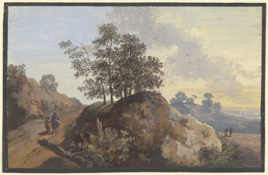 Baumpartie mit Felsen zwischen zwei Wegen, links zwei Männer, einer beritten, rechts zwei Figuren un de Johann Alexander Thiele