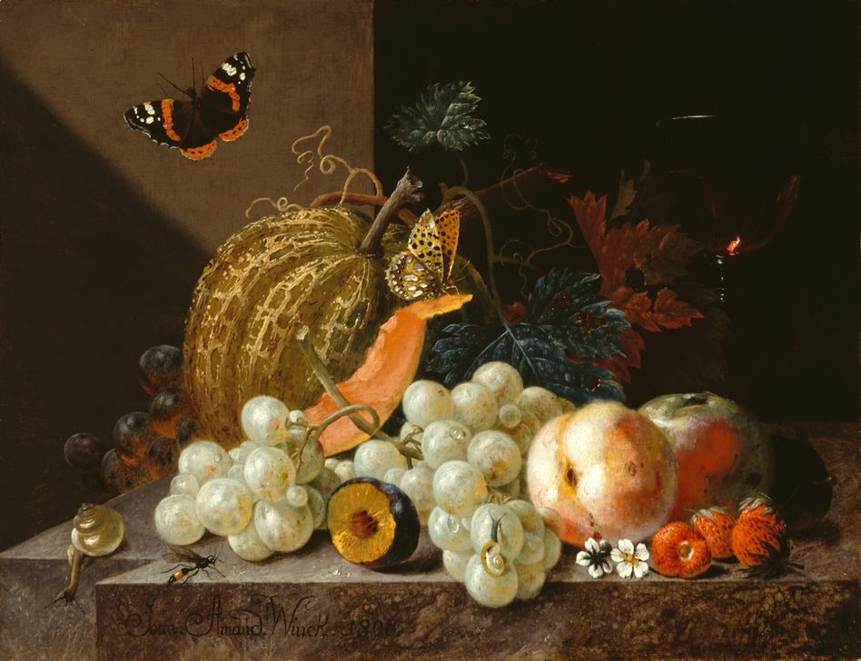 Früchtestillleben mit Weinglas und  Insekten de Johann Amandus Winck