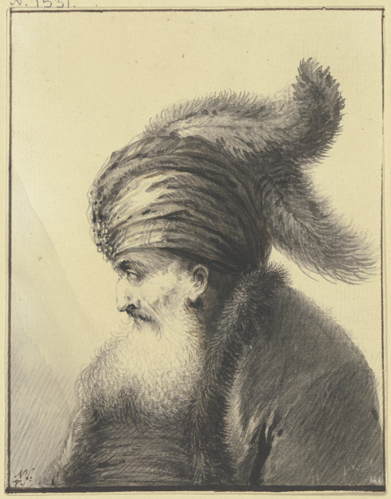 Bärtiger Alter mit Turban mit zwei langen Federn im Profil nach links de Johann Andreas Benjamin Nothnagel