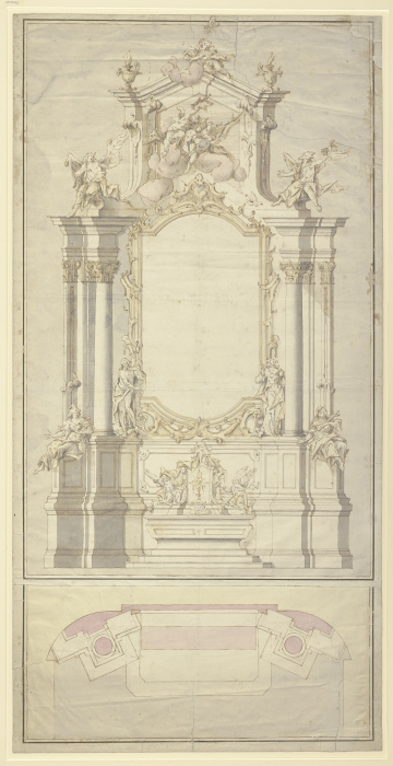 Altarentwurf: Rechts und links von der Rahmung für das Altarblatt stehen die beiden Johannes, zu Füß de Johann Baptist Straub