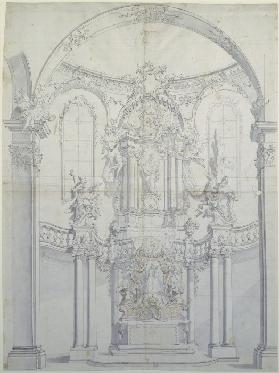 Altarentwurf hinter Säulenbogen (Hochaltar in Andechs)