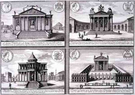 View of Four Temples taken from Roman Coins, from 'Entwurf einer historischen Architektur', engraved de Johann Bernhard Fischer von Erlach