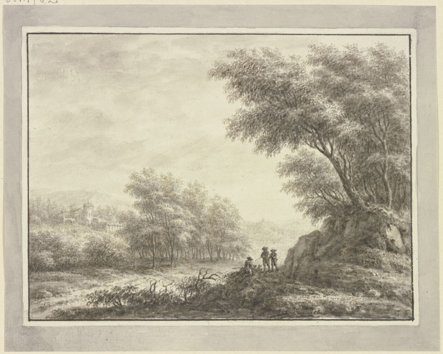 Waldweg mit drei Jägern, links Durchblick auf eine Schloßanlage de Johann Caspar Zehender
