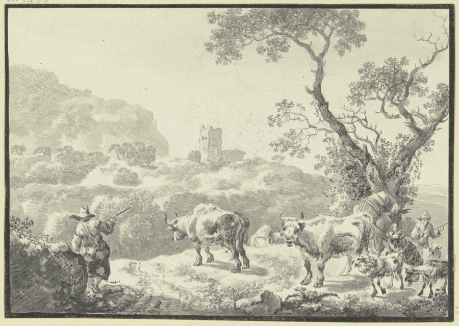 Landschaft mit einer Burgruine, zwei Hirten führen ihre Viehherde von rechts herbei de Johann Christian Klengel