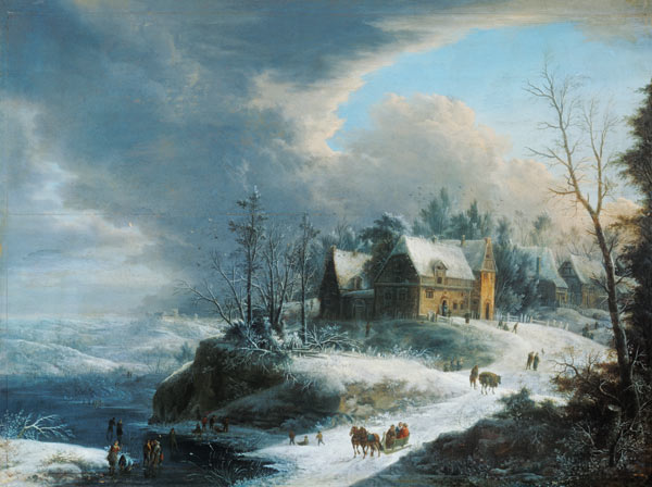Winter landscape with a small village over a river de Johann Christian Vollerdt