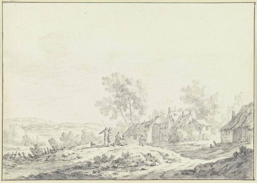 Häuser eines Dorfes in einer hügeligen Landschaft, von links führt ein Weg mit einer Gruppe von Pers de Johann Christoph Dietzsch