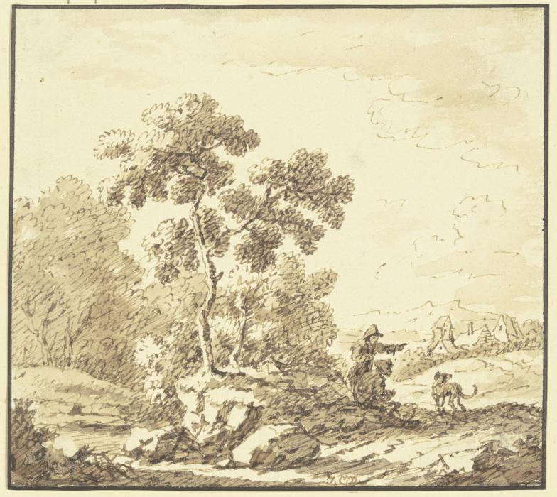 Waldrand, rechts Ausblick auf ein Dorf, am Weg ein stehender und ein sitzender Mann mit einem Hund de Johann Christoph Dietzsch