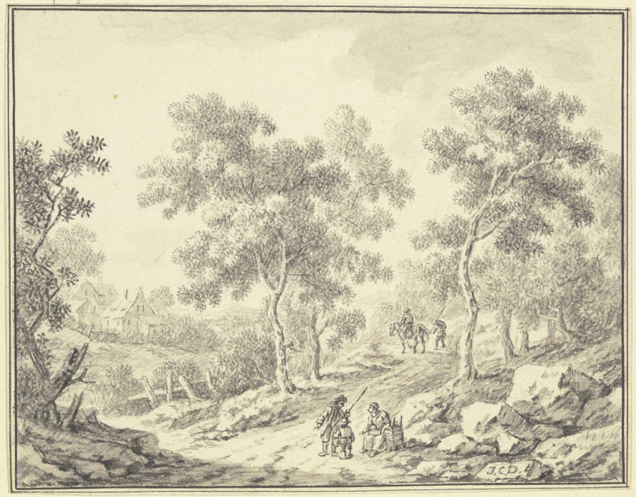 Waldweg, links Durchblick auf ein Gehöft, im Vordergrund eine sitzende Frau mit einer Kiepe und ein  de Johann Christoph Dietzsch