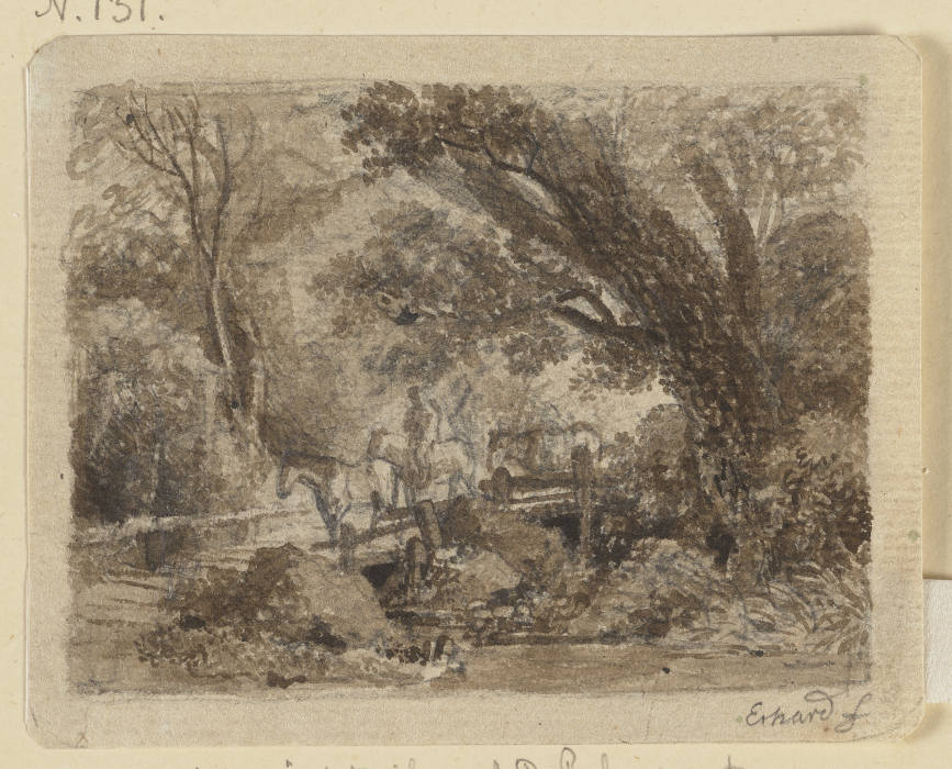 Waldpartie mit einer Brücke, über die drei Pferde und ein Reiter gehen de Johann Christoph Erhard
