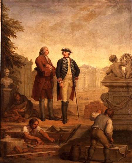 King Frederick II of Prussia (1712-86) and the Marquis of Argens (1704-1771) inspecting the construc de Johann Christoph Frisch