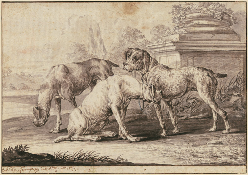 Three hunting dogs de Johann Elias Ridinger