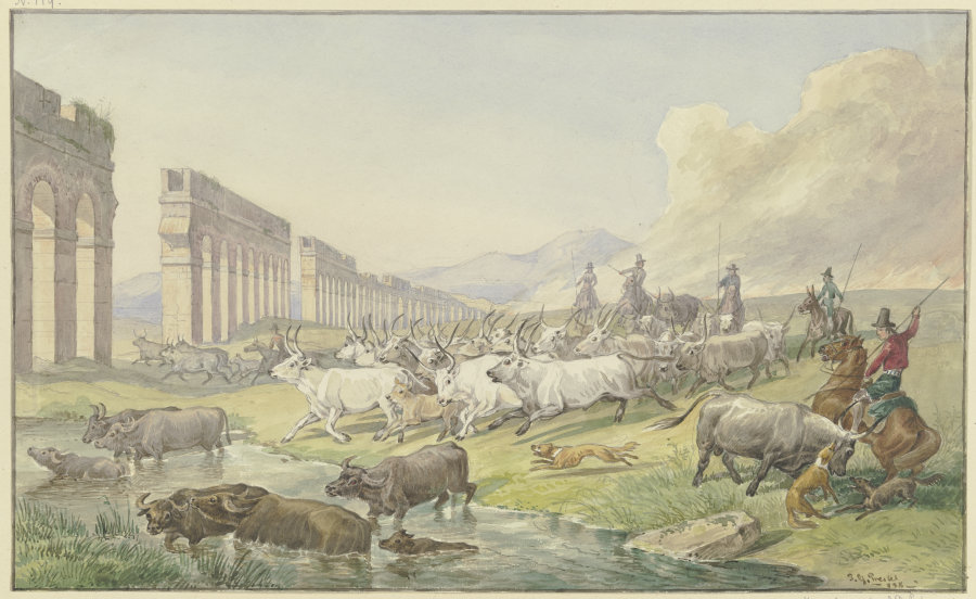 Römische Bauern treiben eine Herde Ochsen und Büffel durchs Wasser de Johann Erdmann Gottlieb Prestel