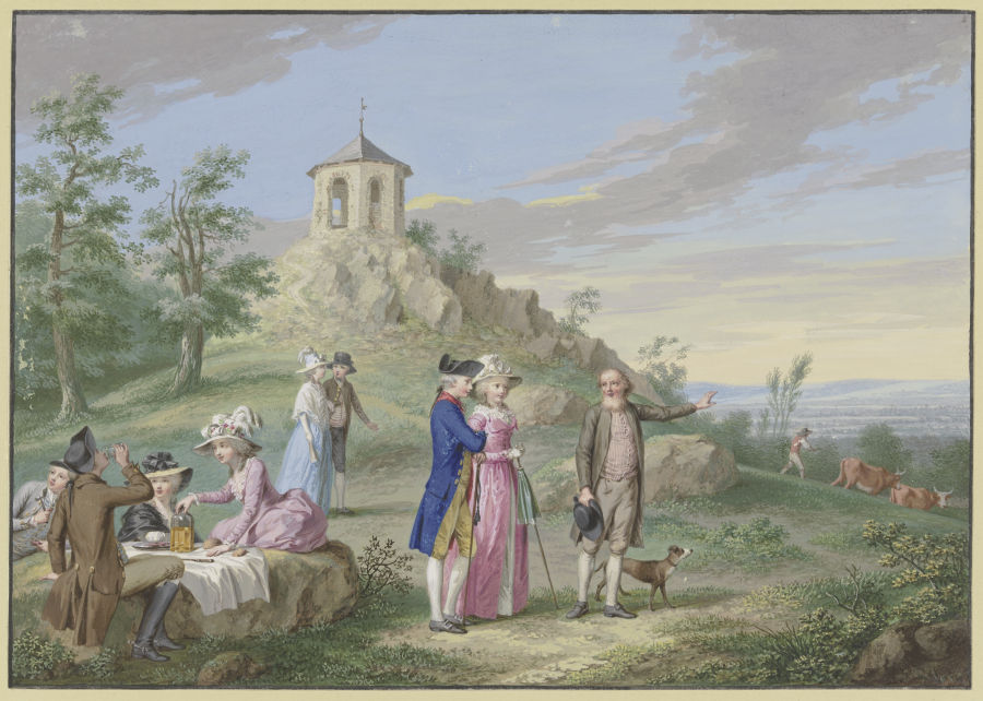 Gesellschaft von Damen und Herren im Freien lagernd, am Fuße eines Hügels mit einem Tempelchen, ein  de Johann Friedrich August Tischbein