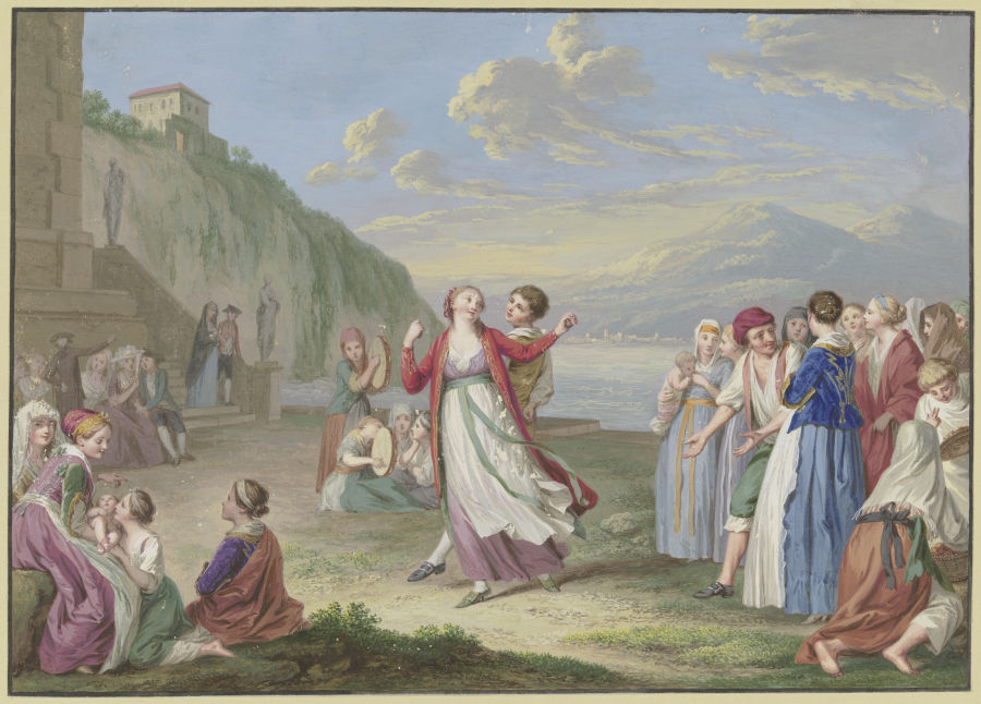 Italienische Landleute unterhalten sich am Seeufer mit Spiel und Tanz, im Hintergrund hohe Berge de Johann Friedrich August Tischbein