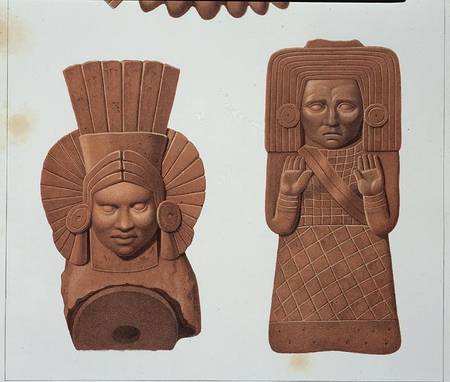 Two terracotta figures of women from Palenque, plate from 'Ancient Monuments of Mexico', engraved by de Johann Friedrich Maximilian von Waldeck