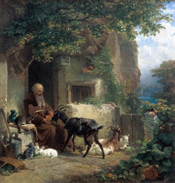 An Eremit in front of his hermitage, a goat feedin de Johann Friedrich Voltz