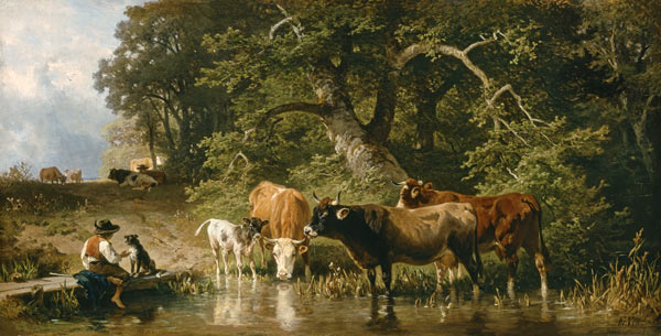 Guardian boy with cows at the watering-place de Johann Friedrich Voltz