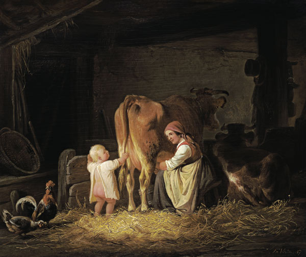 Young farmer with child when milking de Johann Friedrich Voltz