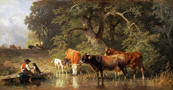 Cattle watering at a woodland pond de Johann Friedrich Voltz