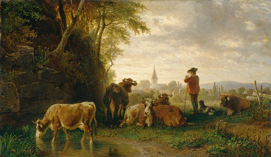 Herdsman and cows, in the distance a village de Johann Friedrich Voltz