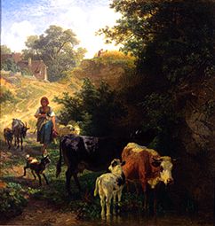 Hirtin with herd at the watering-place de Johann Friedrich Voltz