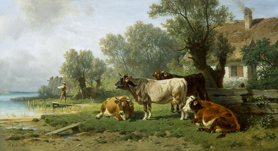 Guardian boy with cows on the sea shore de Johann Friedrich Voltz