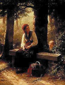 Mother with child in the woods. de Johann Georg Meyer von Bremen