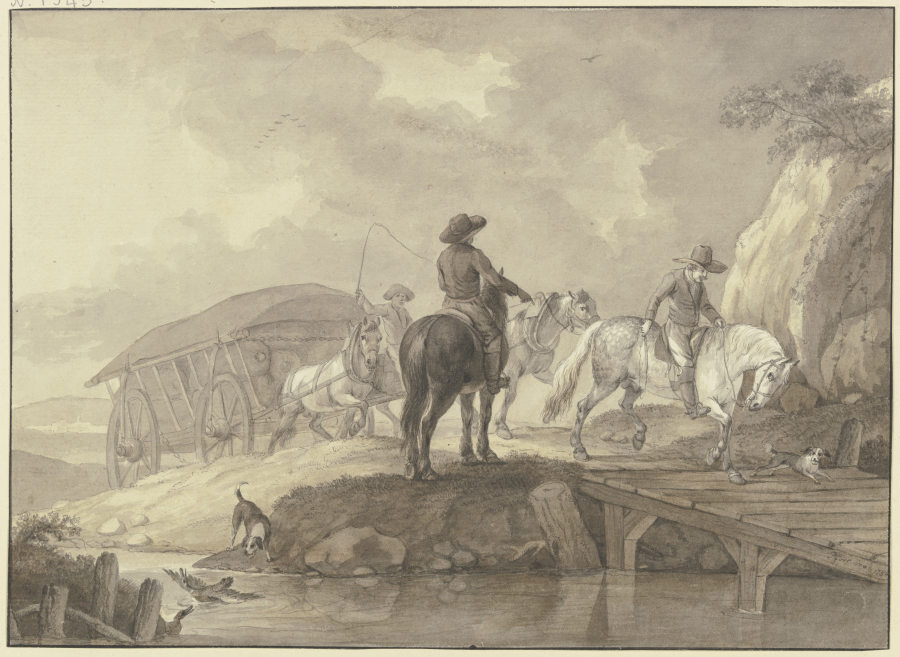 Ein mit Säcken beladener Lastwagen, begleitet von zwei Reitern und zwei Hunden, fährt über eine Brüc de Johann Georg Pforr
