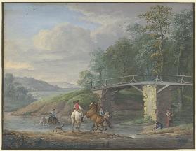 Pferde in der Schwemme bei einer Brücke, rechts zwei Wäscherinnen