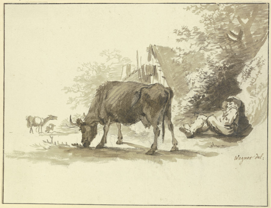 Ruhender Hirt mit einer Kuh vor einem Haus de Johann Georg Wagner