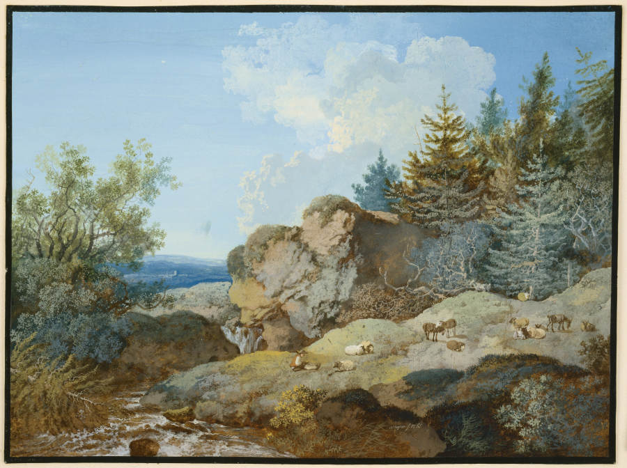 Waldlandschaft im Gebirge mit Herde und Gewässer de Johann Georg Wagner