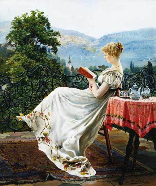 Lesende auf einer Terrasse. de Johann Hamza