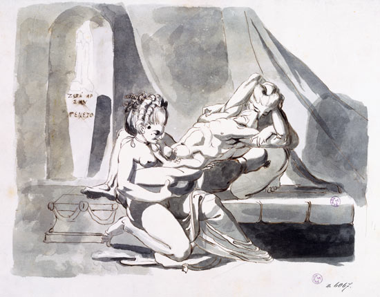 Erotic scene of a man with two women de Johann Heinrich Füssli