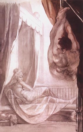 Brunhilde watches Gunther hung up on the blanket t de Johann Heinrich Füssli