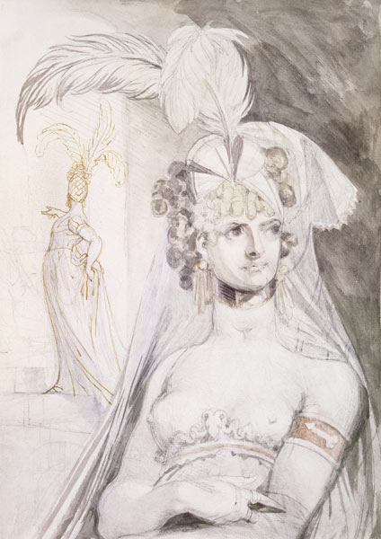 Half Figure of a Courtesan with Feathers, a Bow and a Veil in her Hair, 1800-10 (pencil, w/c and de Johann Heinrich Füssli