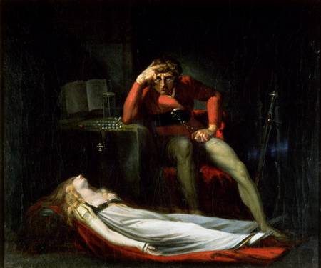 The Italian Court, or Ezzelier, Count of Ravenna musing over the body of Meduna, slain by him for in de Johann Heinrich Füssli