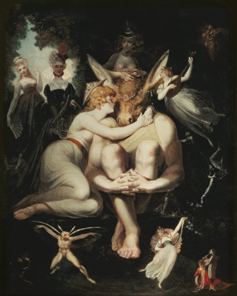 Titania Awakes, Surrounded by Attendant Fairies, clinging rapturously to Bottom, still wearing the A de Johann Heinrich Füssli