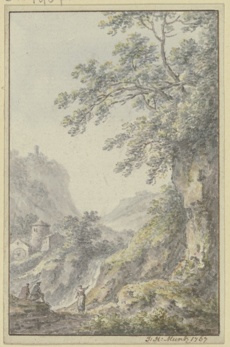 Blick in eine Berglandschaft mit einer Burg, im Vordergrund ein Hohlweg mit drei Figuren de Johann Heinrich Müntz