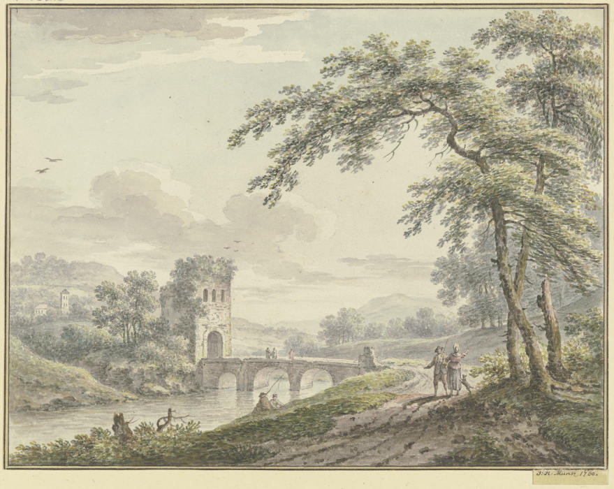 Landschaft mit einer Brücke und Turm, rechts unter einem Baum ein Paar mit einem Hund de Johann Heinrich Müntz